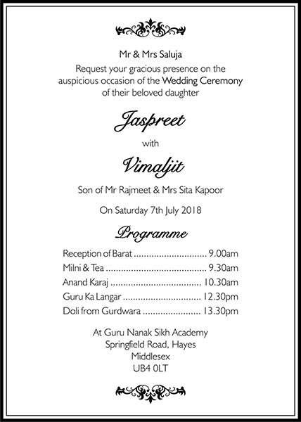 Sikh wedding invitation wording 10 - Parekh Cards